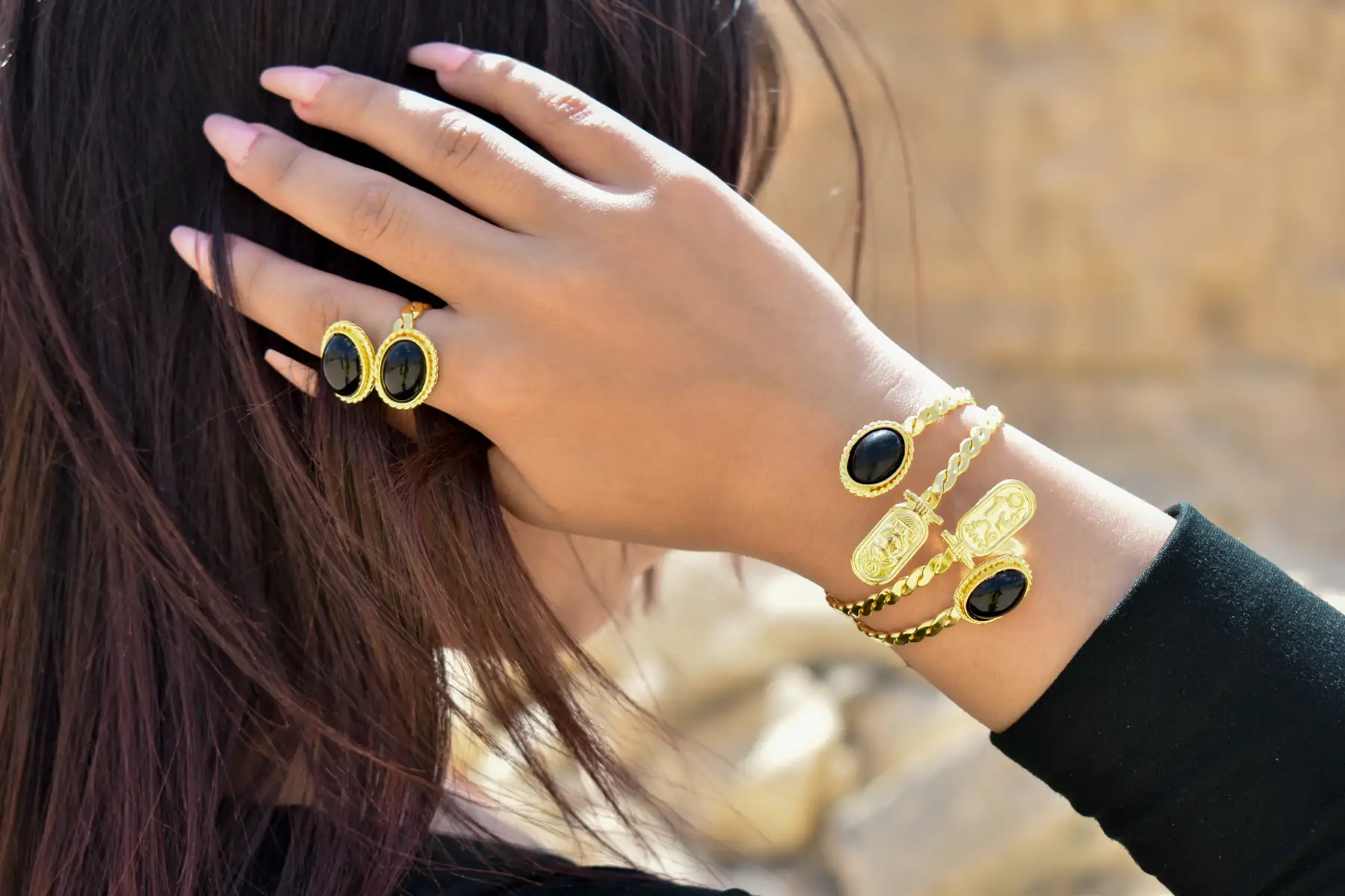 gold plated copper ring with black resin inlay