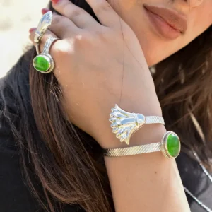 silver plated copper lotus bracelet with green resin