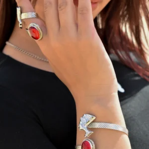 queen nefertiti silver plated copper bracelet with red resin