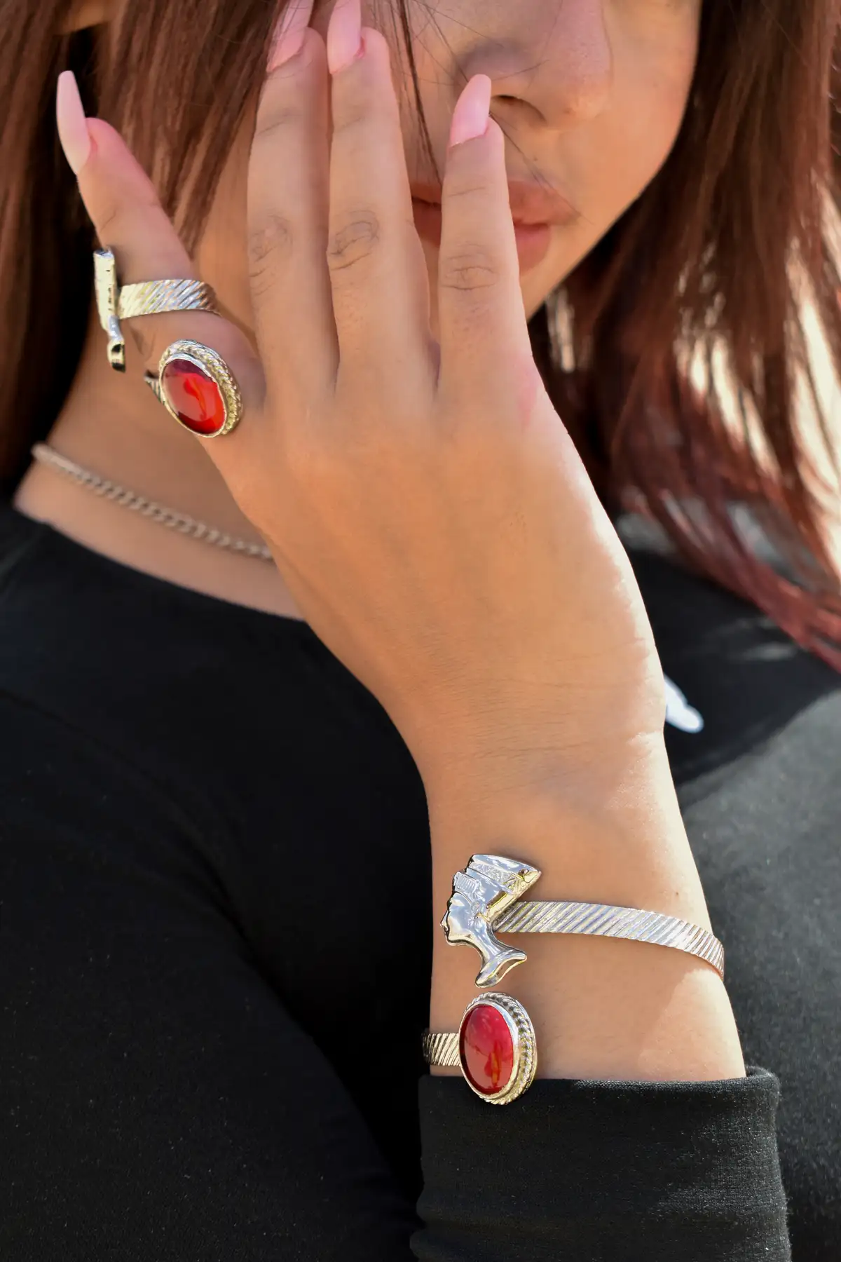 queen nefertiti silver plated copper bracelet with red resin